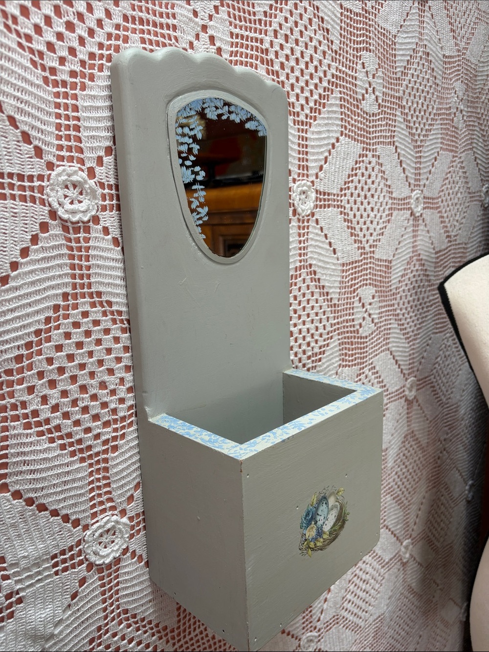 Upcycled Wooden Mirror and Holder Cottagecore Wall Hanging - Picture 6 of 8